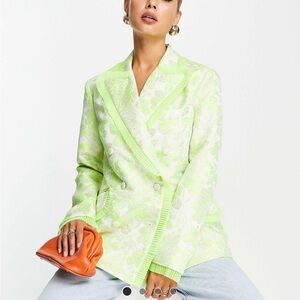 ASOS DESIGN NIPPED WAIST JACQUARD BLAZER WITH RUFFLE DETAIL IN LIME-GREEN